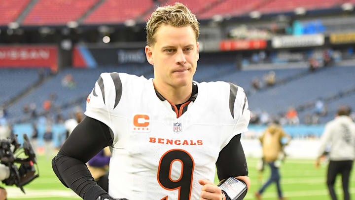 Cincinnati Bengals quarterback Joe Burrow runs off the field against the Tennessee Titans. Mandatory Credit: Steve Roberts-Imagn Images