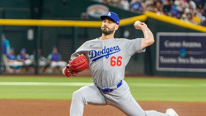 Sep 25, 2025; Phoenix, Arizona, USA; Los Angeles Dodgers pitcher Tanner Scott (66) on the mound to pitch in the seventh at Chase Field. Mandatory Credit: Allan Henry-Imagn Images Sep 25, 2025; Phoenix, Arizona, USA; Los Angeles Dodgers pitcher Tanner Scott (66) on the mound to pitch in the seventh at Chase Field. Mandatory Credit: Allan Henry-Imagn Images