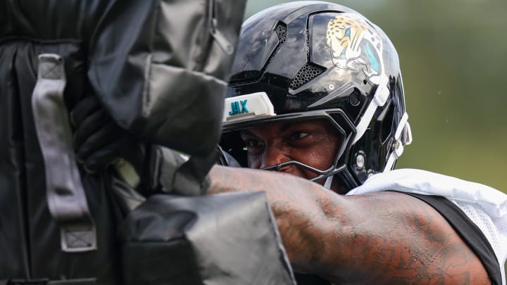 Jul 26, 2024; Jacksonville, FL, USA; Jacksonville Jaguars defensive tackle Maason Smith (94) participates in training camp at Miller Electric Center. Mandatory Credit: Nathan Ray Seebeck-USA TODAY Sports Jul 26, 2024; Jacksonville, FL, USA; Jacksonville Jaguars defensive tackle Maason Smith (94) participates in training camp at Miller Electric Center. Mandatory Credit: Nathan Ray Seebeck-USA TODAY Sports