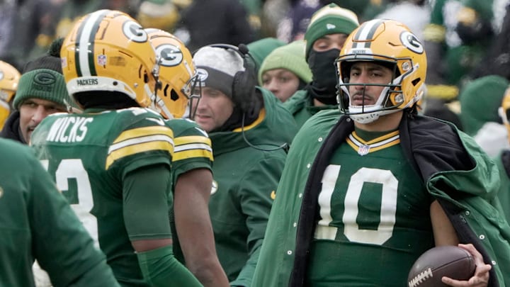 Green Bay Packers quarterback Jordan Love (10) is shown on the sideline against the Chicago Bears on Sunday.