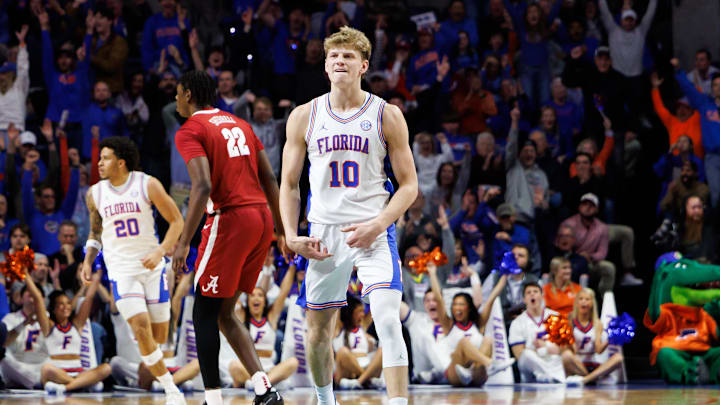 Feb 1, 2026; Gainesville, Florida, USA; Florida Gators forward Thomas Haugh (10) reacts and gestures after making a three point basket during the first half against the Alabama Crimson Tide at Exactech Arena at the Stephen C. O'Connell Center. Mandatory Credit: Matt Pendleton-Imagn Images