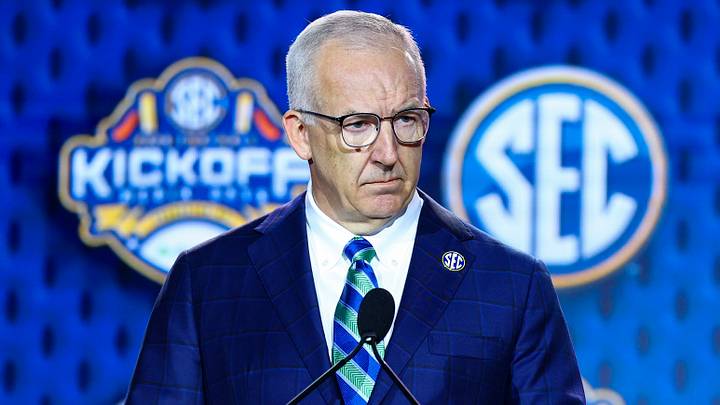 Jul 20, 2026; Tampa, FL, USA; SEC Commissioner Greg Sankey speaks to the press during SEC Football Kickoff Media Day at the Tampa Marriott. Mandatory Credit: Nathan Ray Seebeck-Imagn Images Jul 20, 2026; Tampa, FL, USA; SEC Commissioner Greg Sankey speaks to the press during SEC Football Kickoff Media Day at the Tampa Marriott. Mandatory Credit: Nathan Ray Seebeck-Imagn Images