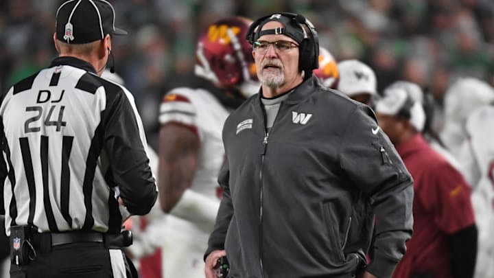 Nov 14, 2024; Philadelphia, Pennsylvania, USA; Washington Commanders head coach Dan Quinn against the Philadelphia Eagles at Lincoln Financial Field. Mandatory Credit: Eric Hartline-Imagn Images