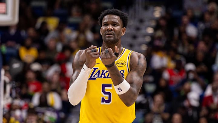 Jan 6, 2026; New Orleans, Louisiana, USA;  Los Angeles Lakers center Deandre Ayton (5) reacts to a play against the New Orleans Pelicans during the second half at Smoothie King Center. Mandatory Credit: Stephen Lew-Imagn Images