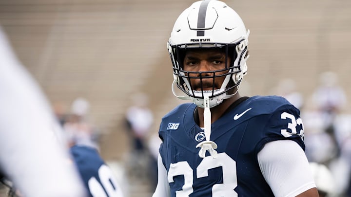 Penn State defensive end Dani Dennis-Sutton (33) during team warmups before an NCAA football game against Indiana Saturday, Oct. 28, 2023, in State College, Pa. The Nittany Lions won, 33-24.