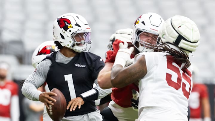 Jul 24, 2025; Glendale, AZ, USA; Arizona Cardinals quarterback Kyler Murray (1) drops back to pass during training camp at State Farm Stadium. Mandatory Credit: Mark J. Rebilas-Imagn Images