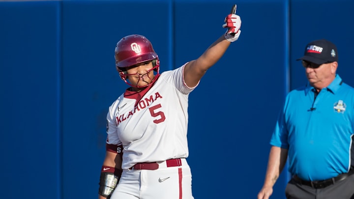 Oklahoma Sooners slugger Ella Parker after hitting a single at the WCWS.