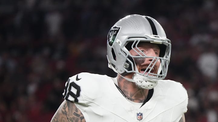 Las Vegas Raiders defensive end Maxx Crosby (98) celebrates his tackle in the backfield against the Arizona Cardinals at State Farm Stadium in Glendale, on Aug. 23, 2025.