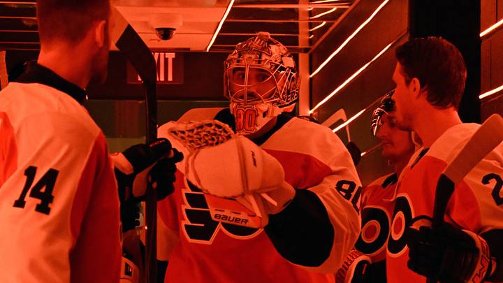 Sep 30, 2026; Philadelphia, Pennsylvania, USA; Philadelphia Flyers goaltender Dan Vladar (80) with center Sean Couturier (14) and defenseman Nick Seeler (24) in the tunnel before warmups against the Pittsburgh Penguins at Xfinity Mobile Arena.
