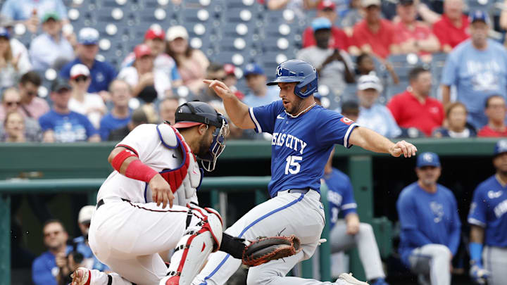 Sep 26, 2024; Washington, District of Columbia, USA; Kansas City Royals shortstop Paul DeJong (15) scores a run ahead of a tag by Washington Nationals catcher Keibert Ruiz (20) during the fourth inning at Nationals Park. Mandatory Credit: Geoff Burke-Imagn Images Sep 26, 2024; Washington, District of Columbia, USA; Kansas City Royals shortstop Paul DeJong (15) scores a run ahead of a tag by Washington Nationals catcher Keibert Ruiz (20) during the fourth inning at Nationals Park. Mandatory Credit: Geoff Burke-Imagn Images