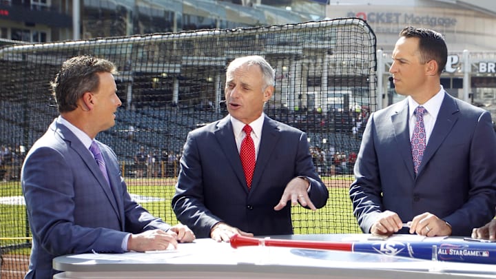 MLB commissioner Rob Manfred is interviewed on the ESPN set prior to the 2019 MLB All Star Game at Progressive Field. 