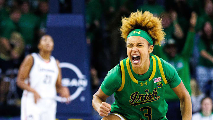 Notre Dame guard Hannah Hidalgo (3) celebrates scoring a three point shot during a NCAA women's basketball game between No. 8 Notre Dame and No. 2 UConn at Purcell Pavilion on Thursday, Dec. 12, 2024, in South Bend.