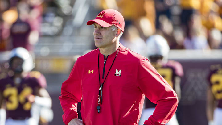 Sep 30, 2017; Minneapolis, MN, USA; Maryland Terrapins head coach DJ Durkin looks on during pre game