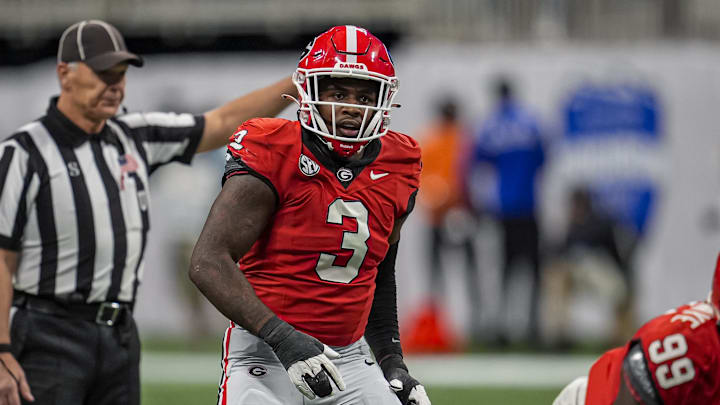Nov 28, 2025; Atlanta, Georgia, USA; Georgia Bulldogs linebacker CJ Allen (3) on the field against the Georgia Tech Yellow Jackets during the first half at Mercedes-Benz Stadium.