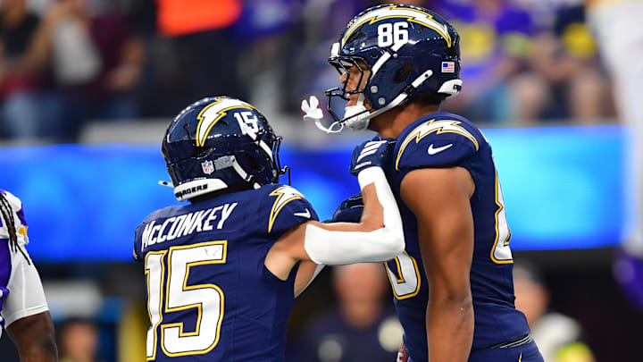 Oct 23, 2025; Inglewood, California, USA; Los Angeles Chargers tight end Oronde Gadsden II (86) reacts after scoring a touchdown with wide receiver Ladd McConkey (15) during the first half at SoFi Stadium. Mandatory Credit: Gary A. Vasquez-Imagn Images Oct 23, 2025; Inglewood, California, USA; Los Angeles Chargers tight end Oronde Gadsden II (86) reacts after scoring a touchdown with wide receiver Ladd McConkey (15) during the first half at SoFi Stadium. Mandatory Credit: Gary A. Vasquez-Imagn Images