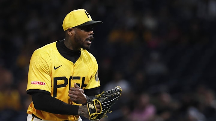 Pittsburgh Pirates relief pitcher Aroldis Chapman (45) reacts after striking out Cincinnati Reds center fielder Stuart Fairchild (not pictured) to end the eighth inning at PNC Park. Pittsburgh won 6-5 on Aug 23.