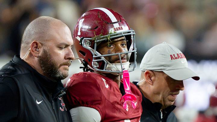 Oct 10, 2026; Tuscaloosa, Alabama, USA;  Alabama wide receiver Ryan Coleman-Williams (1) is assisted from the field by trainers after being injured during the game with Georgia at Saban Field at Bryant-Denny Stadium. Mandatory Credit: Gary Cosby Jr.-Imagn Images
