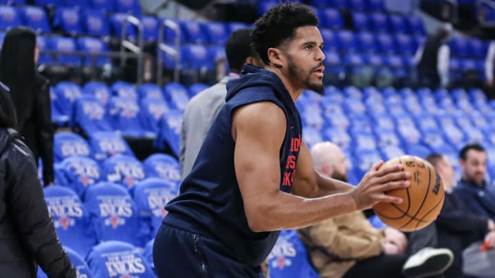 Apr 20, 2024; New York, New York, USA; Philadelphia 76ers forward Tobias Harris (12) warms up prior to game one of the first round for the 2024 NBA playoffs against the New York Knicks at Madison Square Garden. Mandatory Credit: Wendell Cruz-Imagn Images