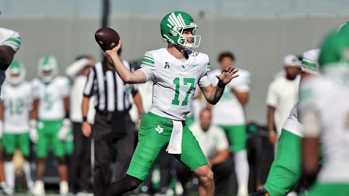 Sep 20, 2025; West Point, New York, USA; North Texas Mean Green quarterback Drew Mestemaker (17) throws a pass against the Army Black Knights during the second half at Michie Stadium. Mandatory Credit: Danny Wild-Imagn Images