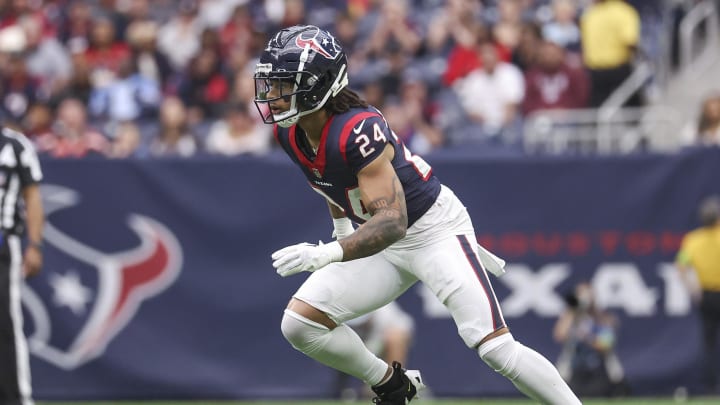 Dec 31, 2023; Houston, Texas, USA; Houston Texans cornerback Derek Stingley Jr. (24) in action during the game against the Tennessee Titans at NRG Stadium. Mandatory Credit: Troy Taormina-USA TODAY Sports Dec 31, 2023; Houston, Texas, USA; Houston Texans cornerback Derek Stingley Jr. (24) in action during the game against the Tennessee Titans at NRG Stadium. Mandatory Credit: Troy Taormina-USA TODAY Sports