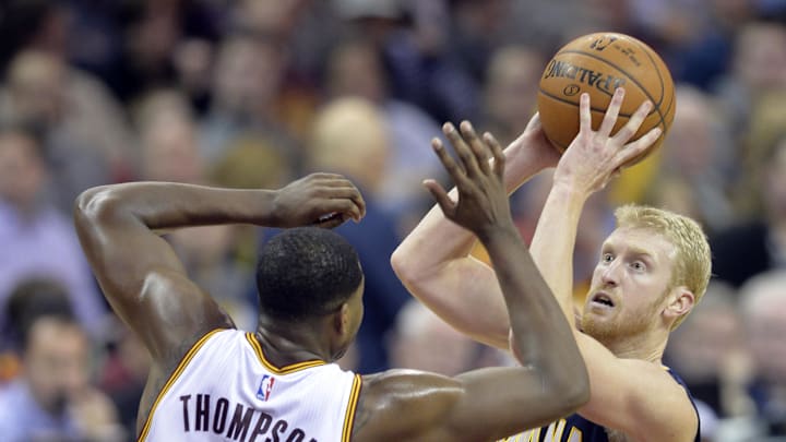 Feb 29, 2016; Cleveland, OH, USA; Indiana Pacers forward Chase Budinger (10) shoots against Cleveland Cavaliers center Tristan Thompson (13) in the second quarter at Quicken Loans Arena. Mandatory Credit: David Richard-USA TODAY Sports