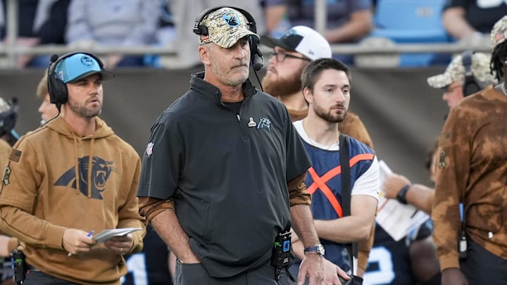Nov 5, 2023; Charlotte, North Carolina, USA; Carolina Panthers head coach Frank Reich during the first quarter against the Indianapolis Colts at Bank of America Stadium. Mandatory Credit: Jim Dedmon-Imagn Images