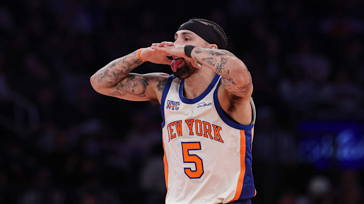 Mar 22, 2026; New York, New York, USA; New York Knicks guard Jose Alvarado (5) reacts after a basket against the Washington Wizards during the second half at Madison Square Garden. Mandatory Credit: Vincent Carchietta-Imagn Images