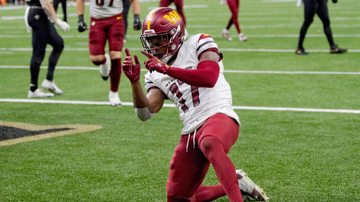 Washington Commanders wide receiver Terry McLaurin celebrates against New Orleans Saints cornerback Kool-Aid McKinstry