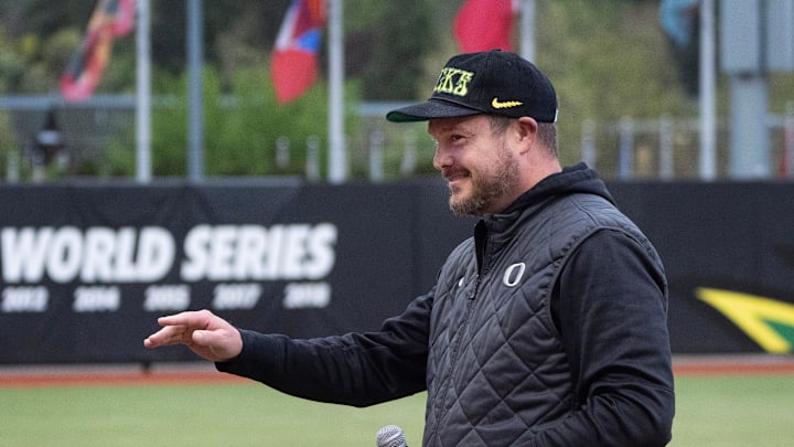 Oregon football coach Dan Lanning introduces the song “Shout” during the Ducks' game against Oregon State at Jane Sanders Stadium in Eugene April 22, 2026.