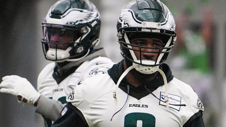 Eagles defensive end Bryce Huff takes part in drills as the Philadelphia Eagles work out in preparation for the Super Bowl. Eagles defensive end Bryce Huff takes part in drills as the Philadelphia Eagles work out in preparation for the Super Bowl.