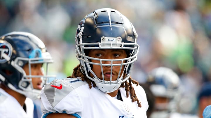 Sep 19, 2021; Seattle, Washington, USA; Tennessee Titans offensive tackle Kendall Lamm (71) stands on the sideline during the fourth quarter against the Seattle Seahawks at Lumen Field. Mandatory Credit: Joe Nicholson-Imagn Images Sep 19, 2021; Seattle, Washington, USA; Tennessee Titans offensive tackle Kendall Lamm (71) stands on the sideline during the fourth quarter against the Seattle Seahawks at Lumen Field. Mandatory Credit: Joe Nicholson-Imagn Images