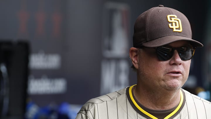 Jul 20, 2025; Washington, District of Columbia, USA; San Diego Padres manager Mike Shildt (8) stands in the dugout prior to the Padres' game against the Washington Nationals at Nationals Park. Mandatory Credit: Geoff Burke-Imagn Images