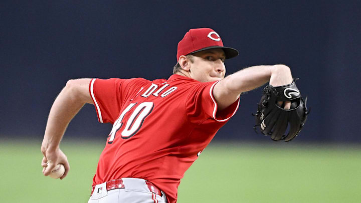 Sep 8, 2025; San Diego, California, USA; Cincinnati Reds starting pitcher Nick Lodolo (40) delivers during the first inning against the San Diego Padres at Petco Park. Mandatory Credit: Denis Poroy-Imagn Images