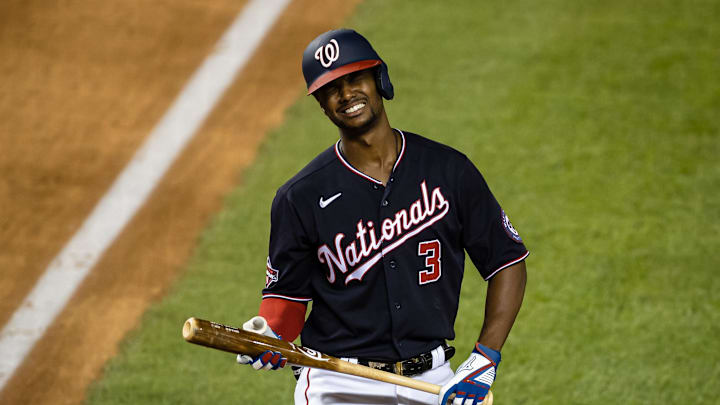 Sep 11, 2020; Washington, District of Columbia, USA; Washington Nationals center fielder Michael A. Taylor (3) reacts against the Atlanta Braves during the tenth inning at Nationals Park. Mandatory Credit: Scott Taetsch-Imagn Images Sep 11, 2020; Washington, District of Columbia, USA; Washington Nationals center fielder Michael A. Taylor (3) reacts against the Atlanta Braves during the tenth inning at Nationals Park. Mandatory Credit: Scott Taetsch-Imagn Images