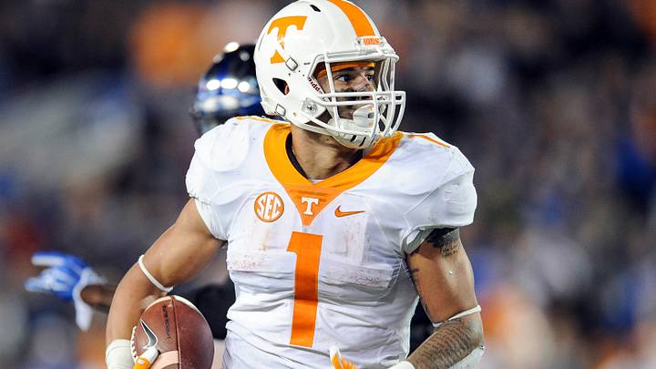 Oct 31, 2015; Lexington, KY, USA; Tennessee Volunteers running back Jalen Hurd (1) runs the ball against theKentucky Wildcats at Commonwealth Stadium. Mandatory Credit: Bryan Lynn-USA TODAY Sports