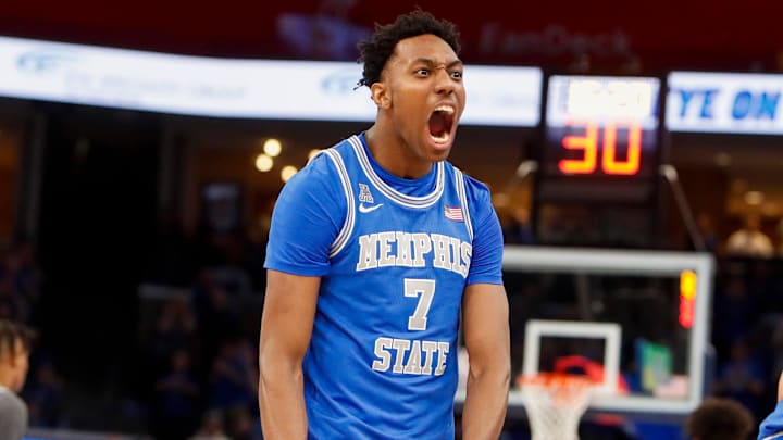 Memphis' Nae'Qwan Tomlin (7) reacts after the team scored during the game between University of Alabama at Birmingham and University of Memphis at FedExForum in Memphis, Tenn., on Sunday, March 3, 2024.