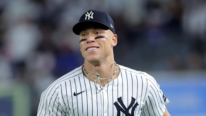 Sep 24, 2025; Bronx, New York, USA; New York Yankees right fielder Aaron Judge (99) runs in from the outfield after the top of the seventh inning against the Chicago White Sox at Yankee Stadium. Mandatory Credit: Brad Penner-Imagn Images