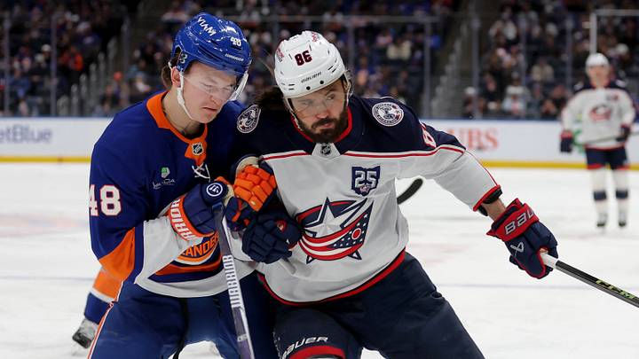 Mar 22, 2026; Elmont, New York, USA; New York Islanders defenseman Matthew Schaefer (48) fights for position against Columbus Blue Jackets right wing Kirill Marchenko (86) during the first period at UBS Arena. Mandatory Credit: Brad Penner-Imagn Images Mar 22, 2026; Elmont, New York, USA; New York Islanders defenseman Matthew Schaefer (48) fights for position against Columbus Blue Jackets right wing Kirill Marchenko (86) during the first period at UBS Arena. Mandatory Credit: Brad Penner-Imagn Images