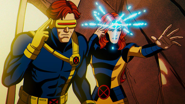 (L-R): Cyclops (voiced by Ray Chase) and Jean Grey (voiced by Jennifer Hale) in Marvel Animation's X-MEN '97. Photo courtesy of Marvel Animation. © 2024 MARVEL.