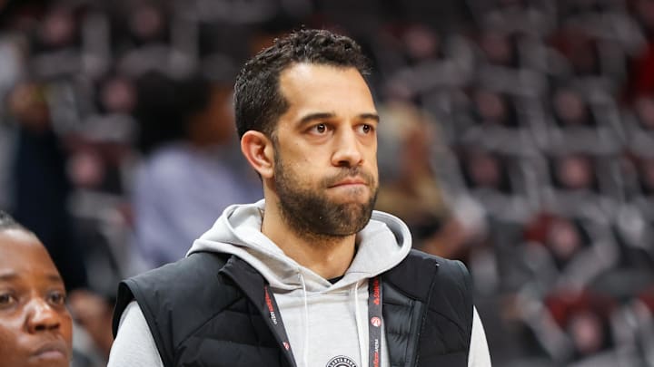 Apr 27, 2023; Atlanta, Georgia, USA; Atlanta Hawks general manager Landry Fields on the court before game six of the 2023 NBA playoffs against the Boston Celtics at State Farm Arena. Mandatory Credit: Brett Davis-Imagn Images