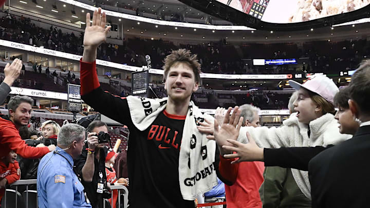 Dec 2, 2024; Chicago, Illinois, USA;  Chicago Bulls forward Matas Buzelis (14) greets fans after the second half against the Brooklyn Nets at the United Center. Mandatory Credit: Matt Marton-Imagn Images
