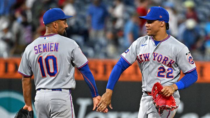 Jun 18, 2026; Philadelphia, Pennsylvania, USA; New York Mets second baseman Marcus Semien (10) and left fielder Juan Soto (22) celebrate win against the Philadelphia Phillies at Citizens Bank Park. Mandatory Credit: Eric Hartline-Imagn Images Jun 18, 2026; Philadelphia, Pennsylvania, USA; New York Mets second baseman Marcus Semien (10) and left fielder Juan Soto (22) celebrate win against the Philadelphia Phillies at Citizens Bank Park. Mandatory Credit: Eric Hartline-Imagn Images