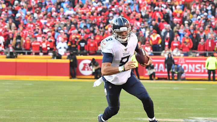 Jan 19, 2020; Kansas City, Missouri, USA; Tennessee Titans quarterback Marcus Mariota (8) runs the ball during the AFC Championship Game against the Kansas City Chiefs at Arrowhead Stadium. Mandatory Credit: Denny Medley-Imagn Images Jan 19, 2020; Kansas City, Missouri, USA; Tennessee Titans quarterback Marcus Mariota (8) runs the ball during the AFC Championship Game against the Kansas City Chiefs at Arrowhead Stadium. Mandatory Credit: Denny Medley-Imagn Images