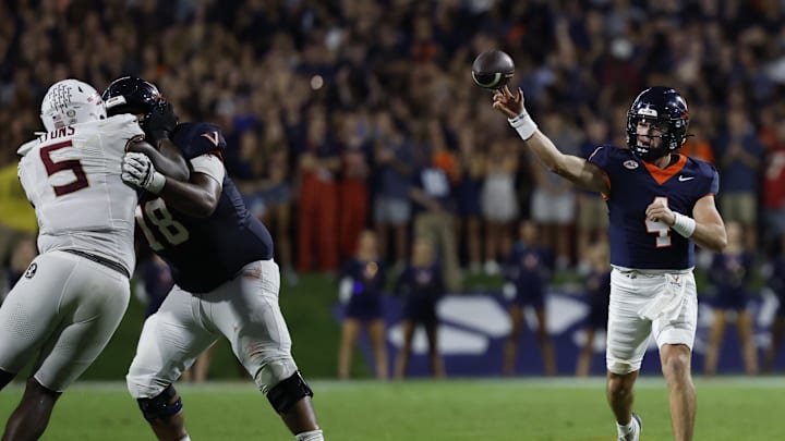 Sep 26, 2025; Charlottesville, Virginia, USA; Virginia Cavaliers quarterback Chandler Morris (4) passes the ball against the Florida State Seminoles at Scott Stadium. Mandatory Credit: Geoff Burke-Imagn Images