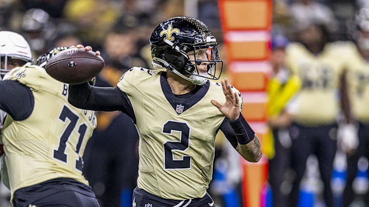 Sep 7, 2025; New Orleans, Louisiana, USA; New Orleans Saints quarterback Spencer Rattler (2) makes a pass during the first quarter at Caesars Superdome. Mandatory Credit: Stephen Lew-Imagn Images