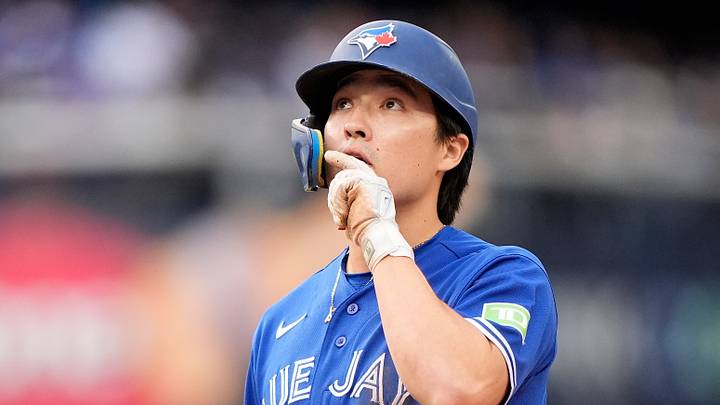 Sep 26, 2026; Toronto, Ontario, CAN;  Toronto Blue Jays center fielder Brett Bateman (21) reacts after hitting a single against the Cincinnati Reds during the eighth inning at Rogers Centre.  Mandatory Credit: John E. Sokolowski-Imagn Images