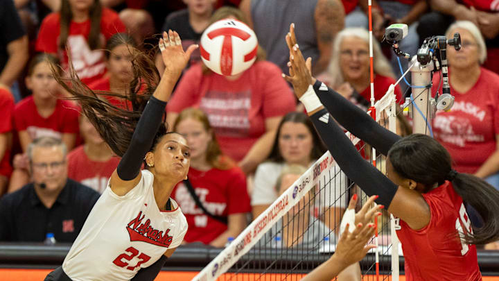Nebraska outside hitter Harper Murray spikes the ball during the Red-White Scrimmage. Nebraska outside hitter Harper Murray spikes the ball during the Red-White Scrimmage.