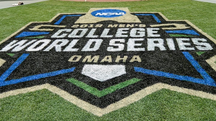 Jun 14, 2019; Omaha, NE, USA; The College World Series logo at TD Ameritrade Park Omaha. Mandatory Credit: Steven Branscombe-Imagn Images