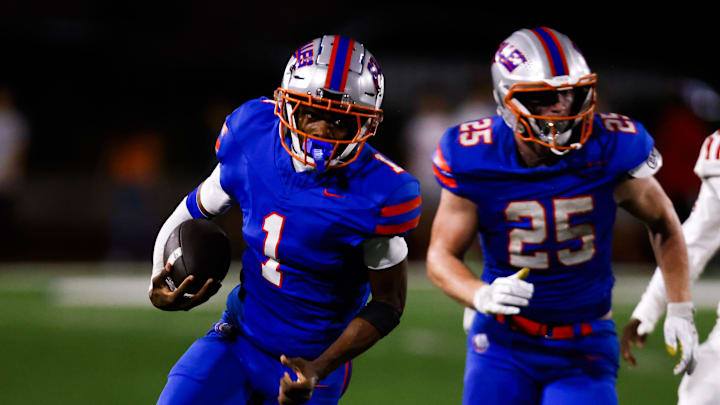 Bolles Bulldogs wide receiver Naeem Burroughs (1) makes a break for the end zone in the fourth quarter in the FHSAA Class 2A high school football semifinal at Bolles School in Jacksonville, Fla. Friday December 5, 2025. The winner advances to the state final in Miami. Bolles won 42-20. [Doug Engle/Florida Times-Union]
