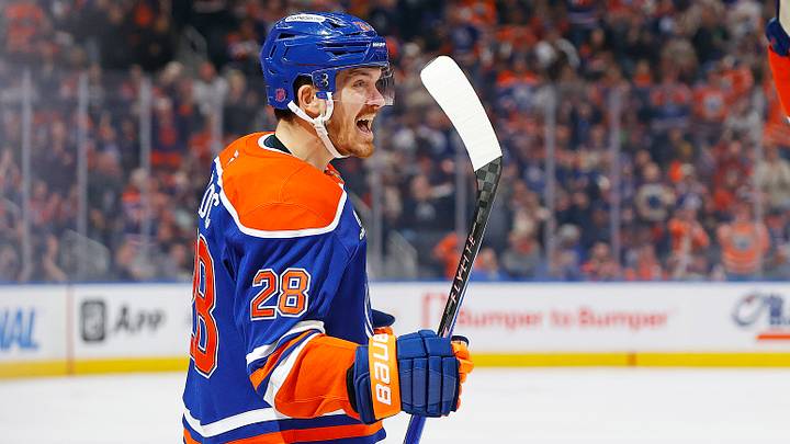 Mar 28, 2026; Edmonton, Alberta, CAN; Edmonton Oilers forward Jack Roslovic (28) celebrates after scoring a goal during the third period against the Anaheim Ducks at Rogers Place. Mandatory Credit: Perry Nelson-Imagn Images